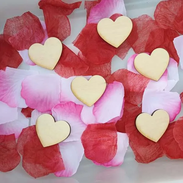 Cœurs en bois disposés sur des pétales rouges et roses pour activité sensorielle Saint-Valentin enfant