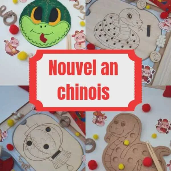 Créations éducatives en bois et feutrine sur le thème du Nouvel An chinois avec serpent, dragon et lanternes