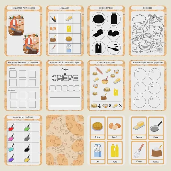 Pages de jeux éducatifs du livret Chandeleur avec différences, coloriage et activités autour des crêpes