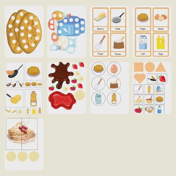 Supports d’activités Chandeleur enfant avec cartes, ingrédients et jeux autour des crêpes