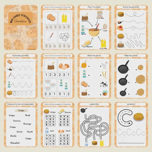 Pages de livret d’activités Chandeleur avec jeux éducatifs autour des crêpes pour enfants