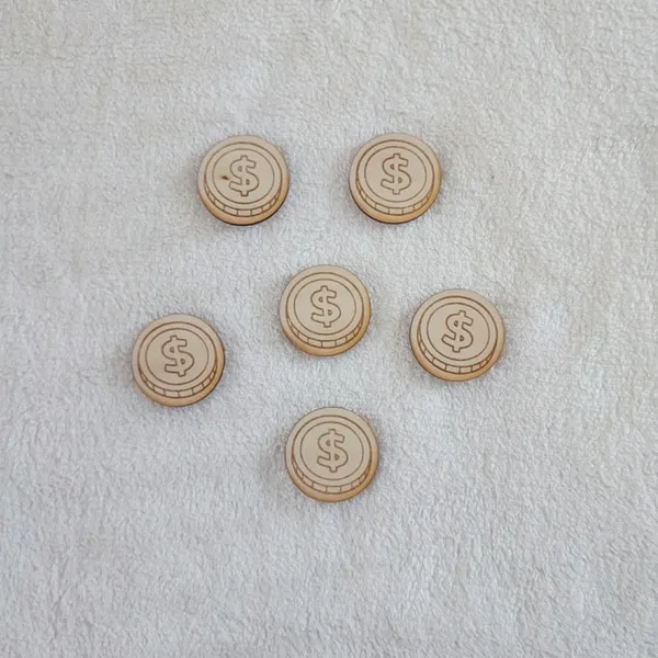 Lot de jetons pièces en bois gravées symbole dollar pour activité éducative enfant.