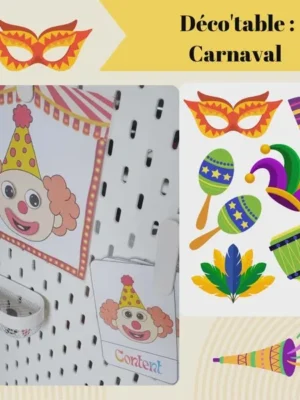Décoration de table carnaval pour enfants avec affiche clown, illustrations festives et éléments colorés à imprimer