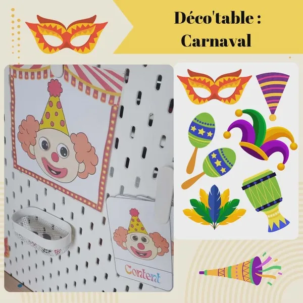 Décoration de table carnaval pour enfants avec affiche clown, illustrations festives et éléments colorés à imprimer