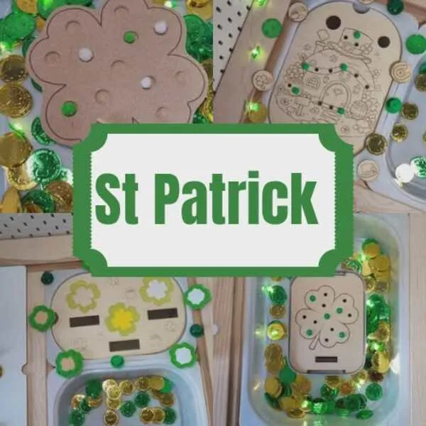 Créations en bois thème Saint Patrick avec trèfles, pièces d’or et inserts éducatifs pour table sensorielle enfant.