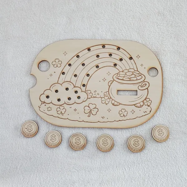 Insert arc en ciel et chaudron en bois Saint Patrick avec jetons activité motricité fine enfant.