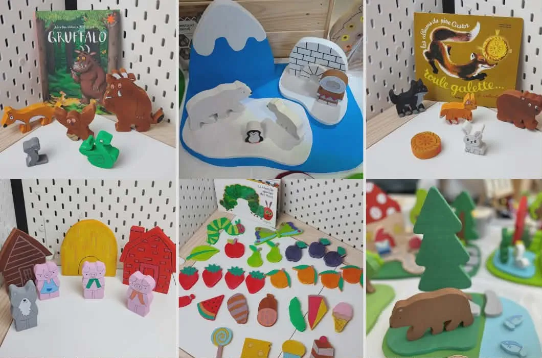 Mini-mondes en bois inspirés d’albums jeunesse avec figurines peintes à la main et décors pédagogiques.