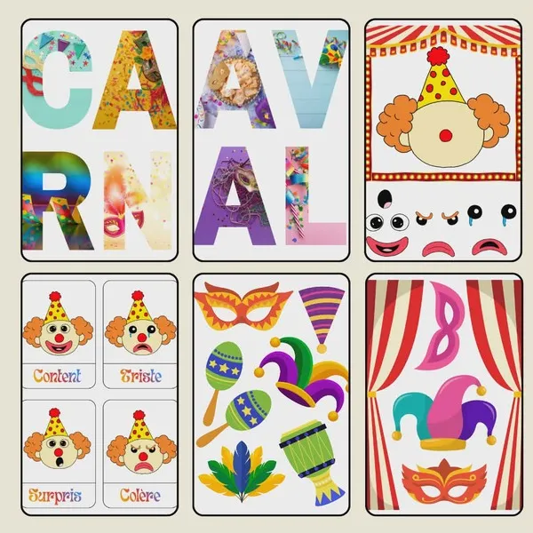 Cartes décoratives carnaval à imprimer avec lettres, clown, émotions et illustrations festives pour enfants