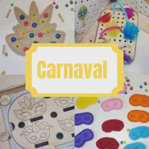 Jeux éducatifs en bois thème carnaval avec masques colorés et activités de motricité fine