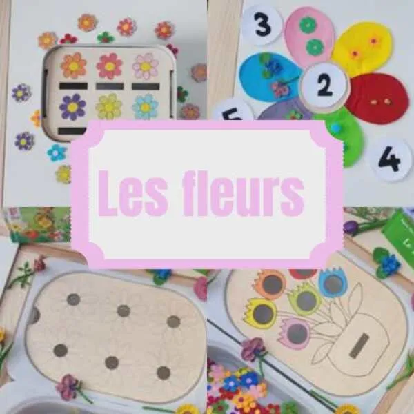Activités éducatives fleurs printemps en bois et feutrine pour tri des couleurs et dénombrement enfant.
