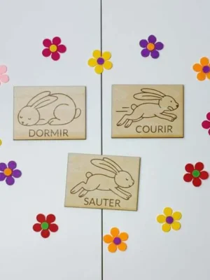 Cartes en bois Montessori lapin actions dormir courir sauter pour enfant activité langage et motricité