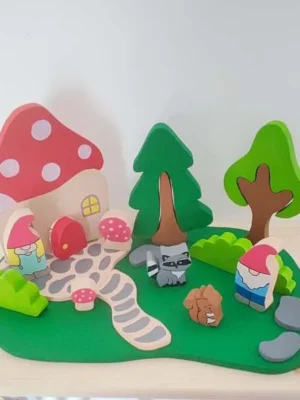 Mini monde forêt en bois avec maison champignon, lutins et animaux.