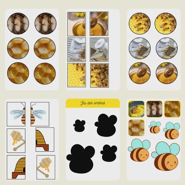 Exemples de fiches éducatives sur les abeilles avec images réelles, jeu des ombres et activités d’association.