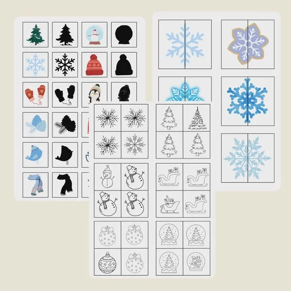 Fiches activités hiver enfants avec jeu des ombres, puzzles flocons et jeux d’observation.