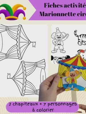 Fiches activités PDF marionnette cirque à colorier avec chapiteau et personnages.