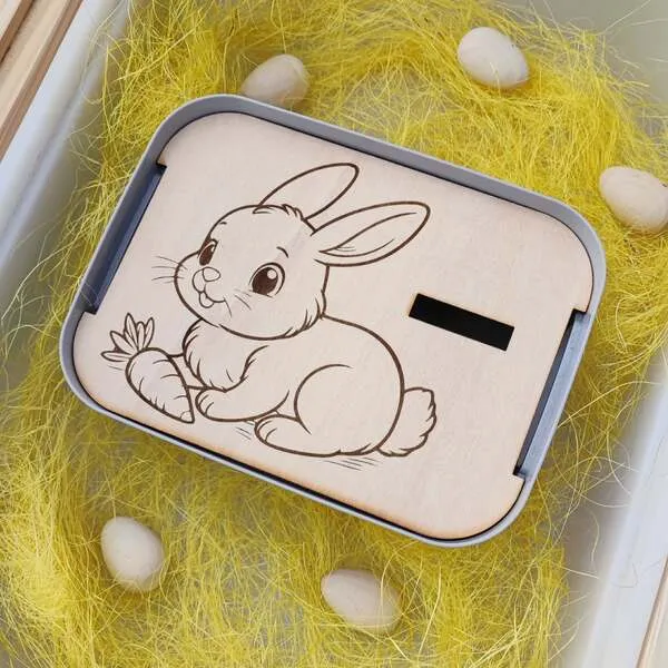 Insert en bois lapin avec carotte posé dans un bac sensoriel.