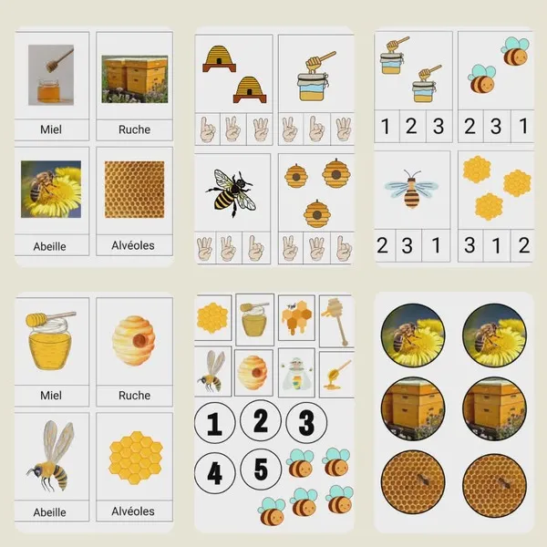 Cartes éducatives et jeux de comptage sur le thème des abeilles avec images et vocabulaire.