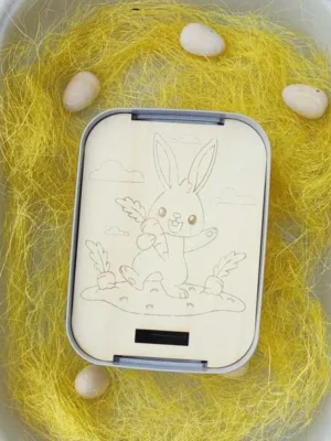 Insert en bois lapin avec carotte dans un bac sensoriel de Pâques.