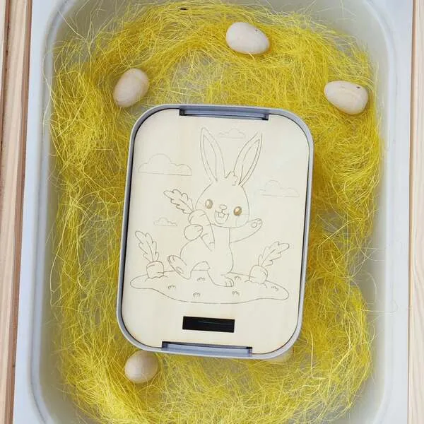 Insert en bois lapin avec carotte dans un bac sensoriel de Pâques.
