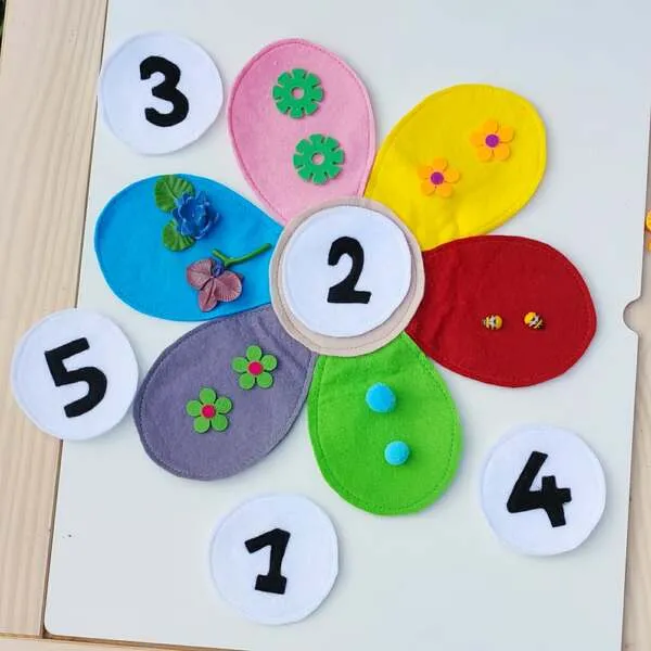 Fleur en feutrine colorée avec pétales décorés et chiffres pour activité de dénombrement.