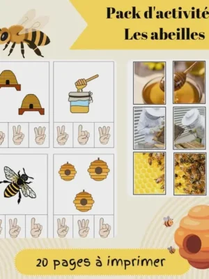 Pack d’activités PDF sur les abeilles avec jeux éducatifs, images réelles et exercices de comptage.