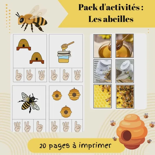 Pack d’activités PDF sur les abeilles avec jeux éducatifs, images réelles et exercices de comptage.