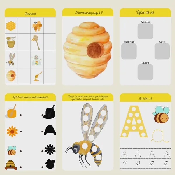 Exemples de fiches d’activités éducatives sur les abeilles avec comptage, cycle de vie et graphisme.