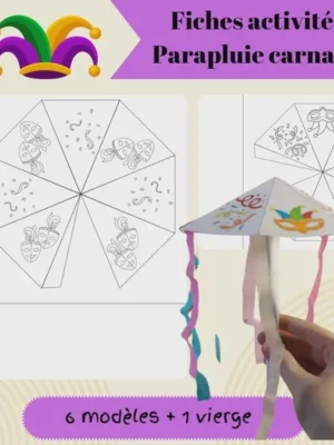 Fiches activité parapluie carnaval PDF à imprimer pour activité manuelle enfant maternelle.