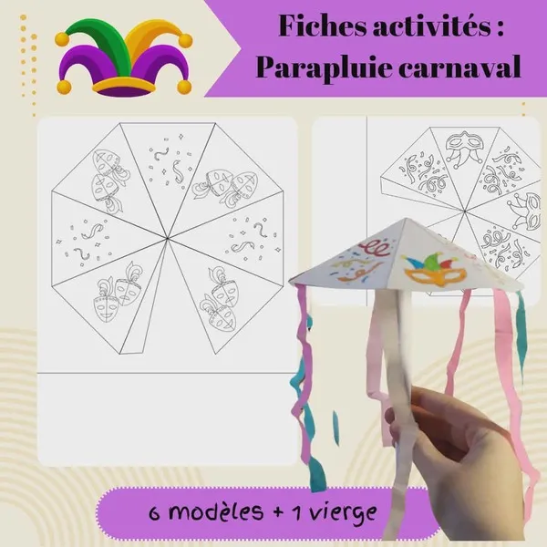 Fiches activité parapluie carnaval PDF à imprimer pour activité manuelle enfant maternelle.