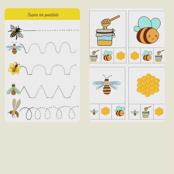 Fiches d’activités abeilles avec graphisme à tracer et jeux d’association d’images.