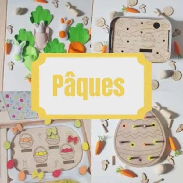 Montage d’activités éducatives en bois sur le thème de Pâques avec lapins, œufs et jeux de motricité fine.