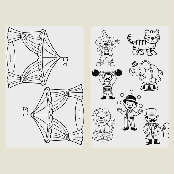 Fiches à colorier cirque avec chapiteaux et personnages pour créer des marionnettes.