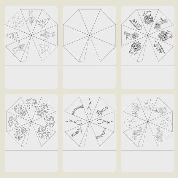 Pack fiches activité parapluie carnaval PDF avec 6 modèles à colorier et 1 version vierge.