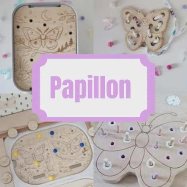 Montage d’activités éducatives en bois thème papillon avec inserts, jeux de motricité fine et table sensorielle.
