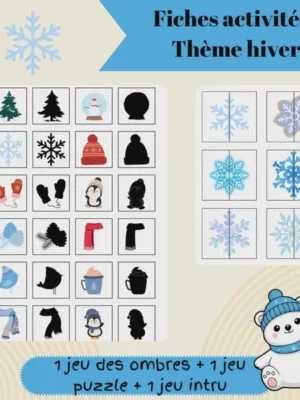 Fiches activités hiver pour enfants avec jeu des ombres, puzzle flocon et jeu d’observation.