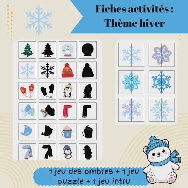 Fiches activités hiver pour enfants avec jeu des ombres, puzzle flocon et jeu d’observation.