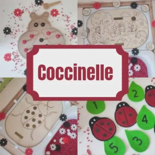 Activités enfant thème coccinelle avec plateau bois motricité fine jeu éducatif et éléments sensoriels