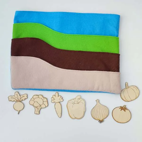 Kit activité sensorielle potager feutrine et légumes en bois enfant