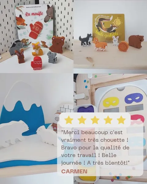 Avis client positif sur créations bois éducatives enfant avec figurines mini monde plateau activité et décor sensoriel