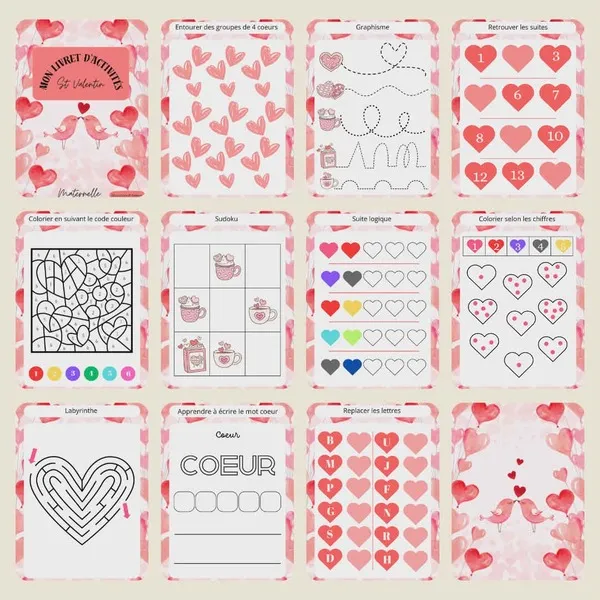 Cartes de nomenclature Saint Valentin avec illustrations de ballon bonbons coeur chocolat cadeau et ours pour apprentissage du vocabulaire enfant