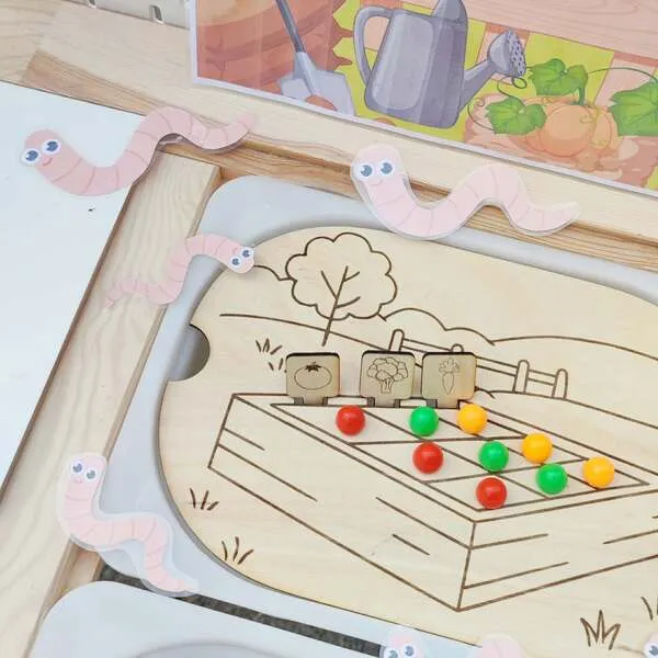 Jeu éducatif potager enfant tri couleurs légumes motricité fine bois