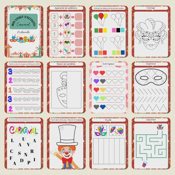 Aperçu des pages du livret d’activités carnaval enfant avec jeux éducatifs coloriage graphisme labyrinthe et logique dès 3 ans