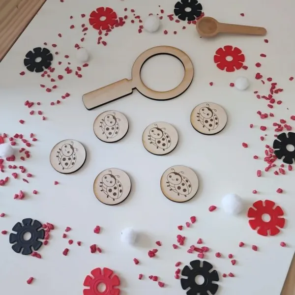 Jetons coccinelle en bois avec loupe activité sensorielle enfant manipulation observation