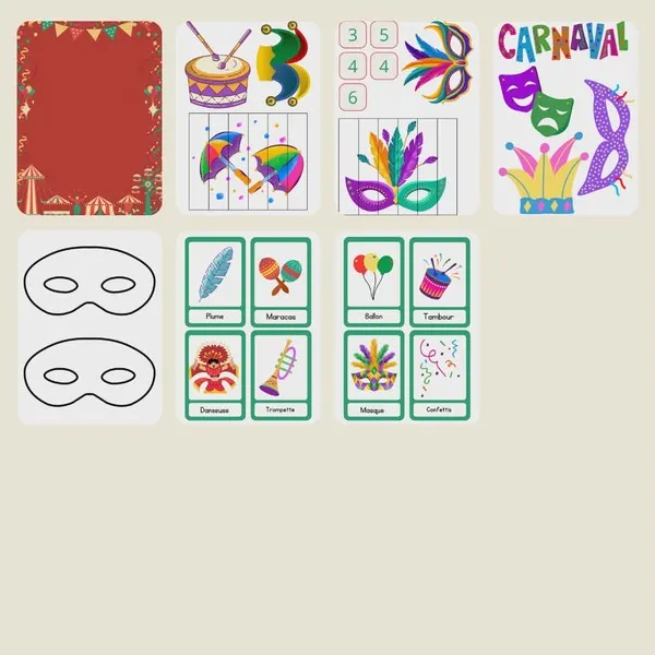 Cartes de nomenclature et activités carnaval enfant avec masque puzzle chiffres et illustrations festives pour apprentissage
