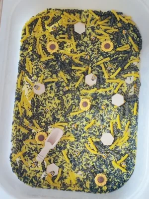 Bac sensoriel abeille noir jaune avec pâtes et fleurs