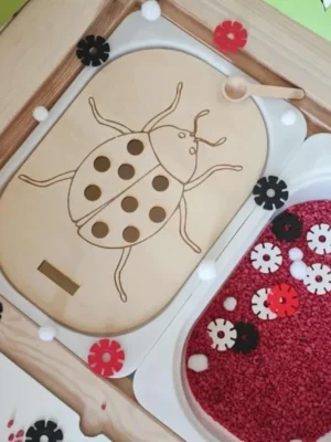 Plateau pic coccinelle en bois dans table sensorielle avec bac sensoriel rouge activité motricité fine enfant