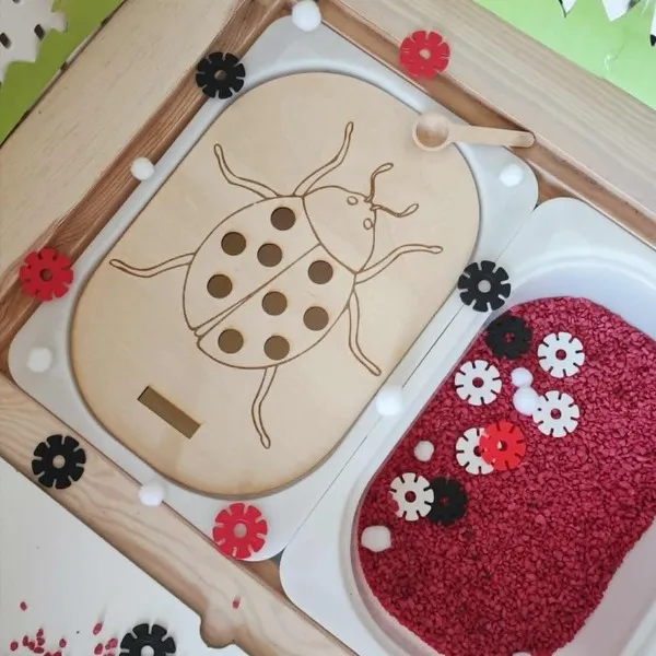 Plateau pic coccinelle en bois dans table sensorielle avec bac sensoriel rouge activité motricité fine enfant
