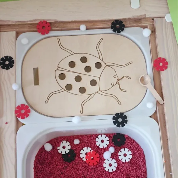 Plateau pic coccinelle en bois avec bac sensoriel rouge et éléments à manipuler activité enfant motricité fine