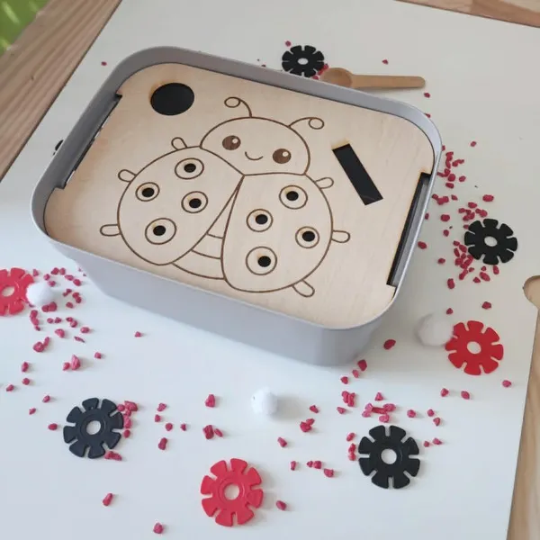 Insert coccinelle en bois dans bac sensoriel activité motricité fine enfant