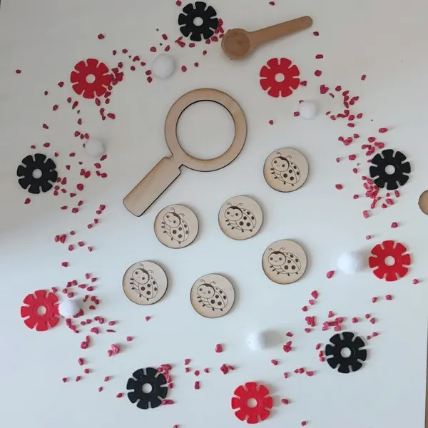 Jetons coccinelle en bois avec loupe et éléments sensoriels activité éducative enfant